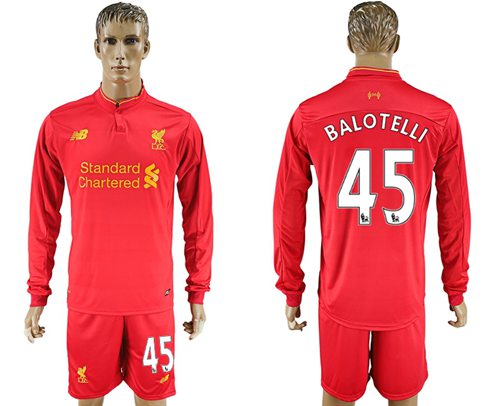 Liverpool #45 Balotelli Home Long Sleeves Soccer Club Jersey - Click Image to Close